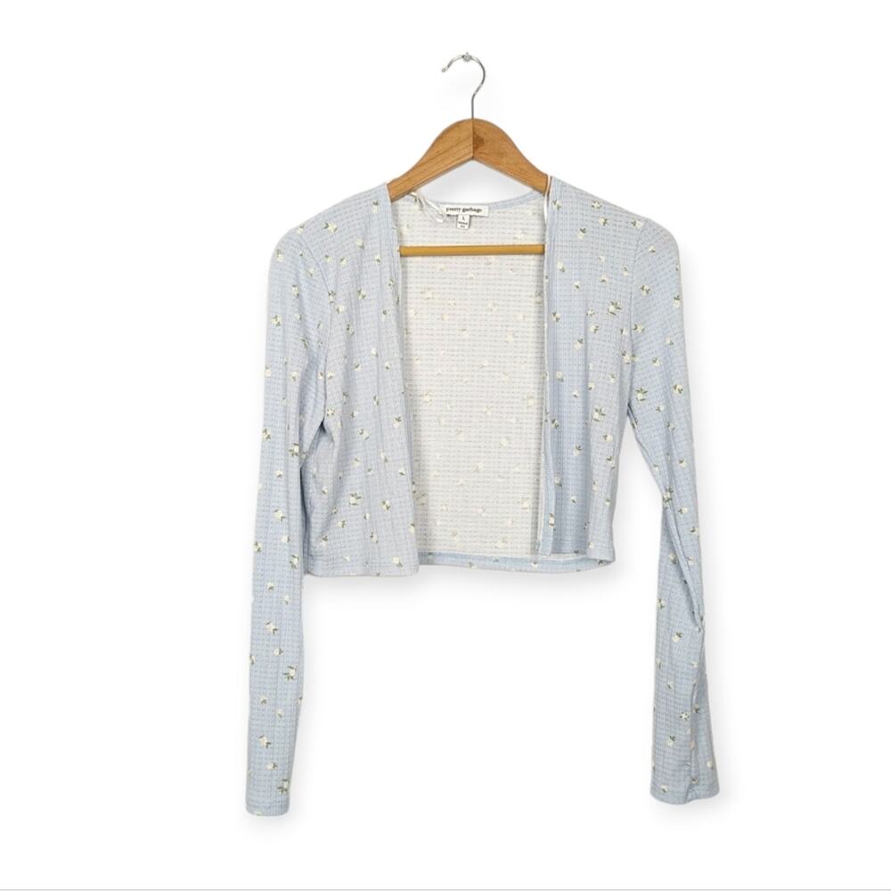 Pretty Garbage Cardigan L Sky Blue Floral Cropped Lightweight Cozy Feminine